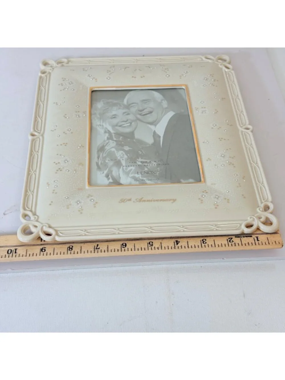 Lenox 50th Anniversary Picture Frame Vtg Ivory Porcelain Keepsake Gold Wedding